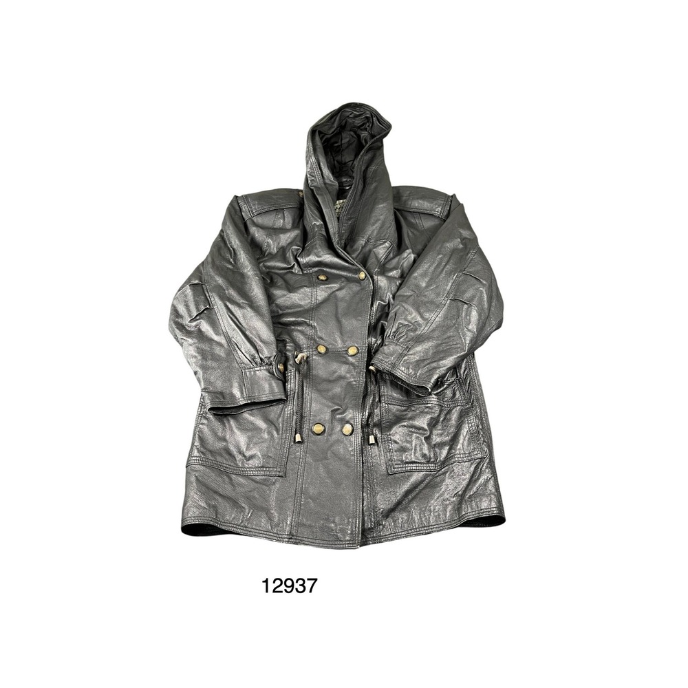 Winlit Leather Parka Jacket Mens M Black Excellent Hooded Double Breasted